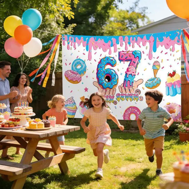 Alt view image 7 of 7 - 6 7 Birthday Decorations Funny Meme Donut Theme Happy Birthday Backdrop Blue and Pink Party Photo Booth Background for Birthday Party Photography 6 x 3.6 ft Fabric
