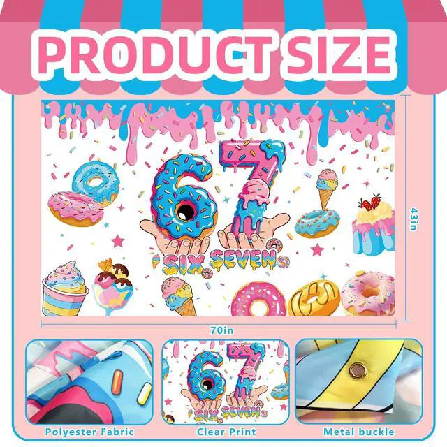 Alt view image 2 of 7 - 6 7 Birthday Decorations Funny Meme Donut Theme Happy Birthday Backdrop Blue and Pink Party Photo Booth Background for Birthday Party Photography 6 x 3.6 ft Fabric