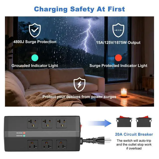 Alt view image 2 of 7 - Heavy Duty Surge Protector with 6 Plug 4 USB Ports, 6 FT, Black | High Amp Power Strip, 12 Gauge Extension Cord with Multiple Outlets, Metal Wall Mount Outlet Extender for Garage Industrial