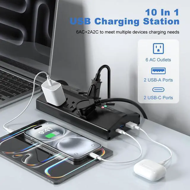 Alt view image 3 of 7 - Heavy Duty Surge Protector with 6 Plug 4 USB Ports, 6 FT, Black | High Amp Power Strip, 12 Gauge Extension Cord with Multiple Outlets, Metal Wall Mount Outlet Extender for Garage Industrial