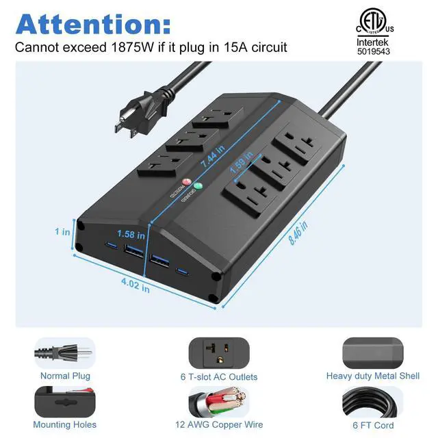 Alt view image 7 of 7 - Heavy Duty Surge Protector with 6 Plug 4 USB Ports, 6 FT, Black | High Amp Power Strip, 12 Gauge Extension Cord with Multiple Outlets, Metal Wall Mount Outlet Extender for Garage Industrial