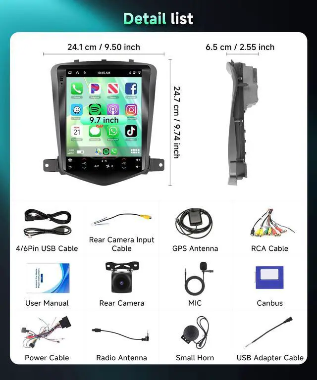 Alt view image 7 of 7 - 8Core 6G+128G Car Stereo for Chevy Cruze 2009-2015, Android 15 Radio with DSP 32-EQ,9.7Inch IPS Vertical Touch Screen,Wireless Carplay/Android Auto,GPS,WiFi,FM/RDS,SWC,Backup Camera