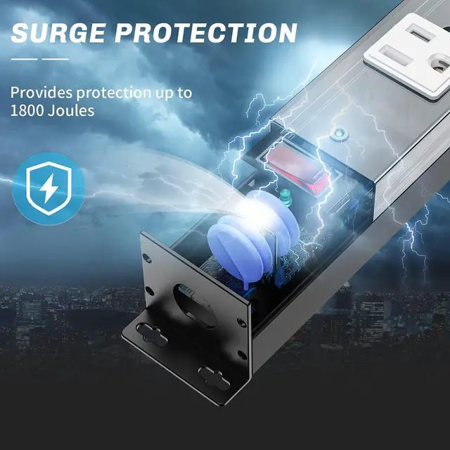 Alt view image 3 of 7 - 12 Outlet Surge Protector Metal Power Strip, 1800J Mountable Power Outlet, Heavy Duty Workshop Metal Power Strip for Commercial, Industrial, School and Home,15A 125V 1875W (6FT)