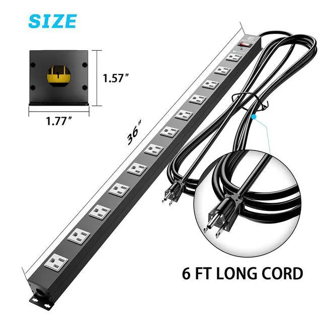 Alt view image 7 of 7 - 12 Outlet Surge Protector Metal Power Strip, 1800J Mountable Power Outlet, Heavy Duty Workshop Metal Power Strip for Commercial, Industrial, School and Home,15A 125V 1875W (6FT)