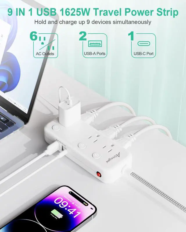 Alt view image 2 of 7 - Individual Switch Power Strip Surge Protector,6 Outlets 3 USB,5Ft Cord | Individual Switch,17W USB C,Braided Extension Cord,Thin Flat Plug,13A Wall Mount,Circuit Breaker,For Travel Home Office Dorm