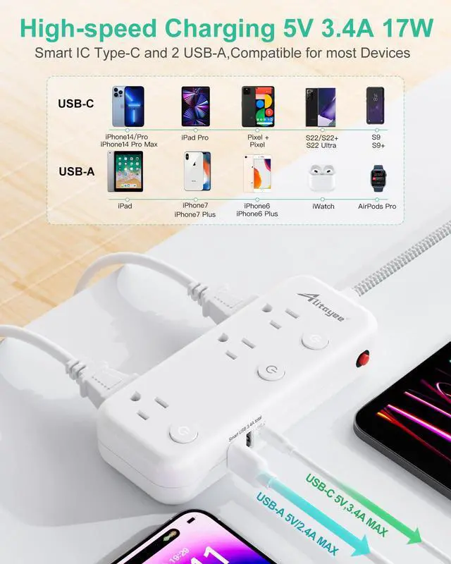 Alt view image 3 of 7 - Individual Switch Power Strip Surge Protector,6 Outlets 3 USB,5Ft Cord | Individual Switch,17W USB C,Braided Extension Cord,Thin Flat Plug,13A Wall Mount,Circuit Breaker,For Travel Home Office Dorm
