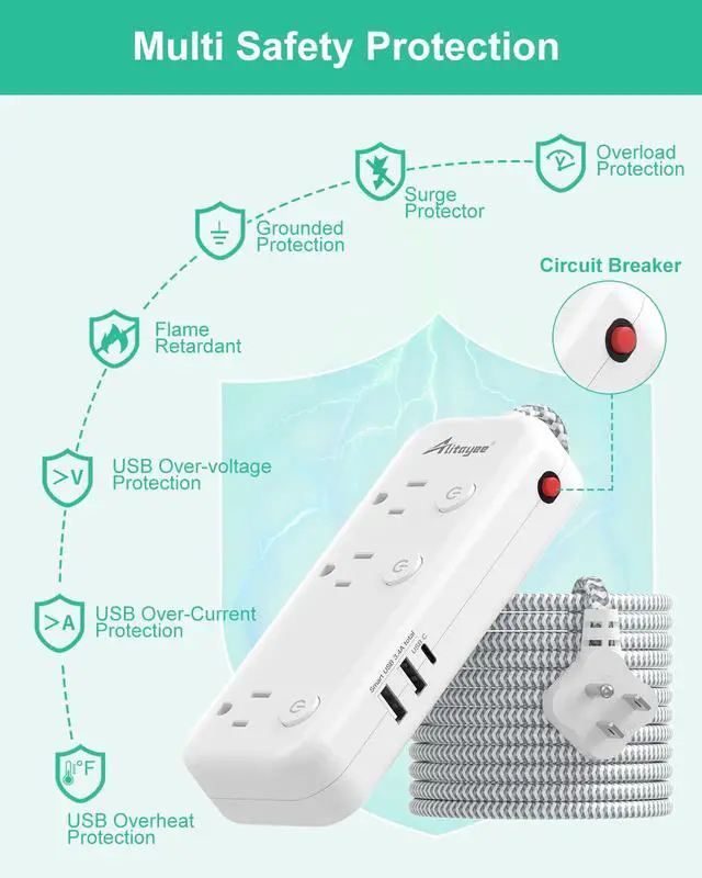 Alt view image 7 of 7 - Individual Switch Power Strip Surge Protector,6 Outlets 3 USB,5Ft Cord | Individual Switch,17W USB C,Braided Extension Cord,Thin Flat Plug,13A Wall Mount,Circuit Breaker,For Travel Home Office Dorm