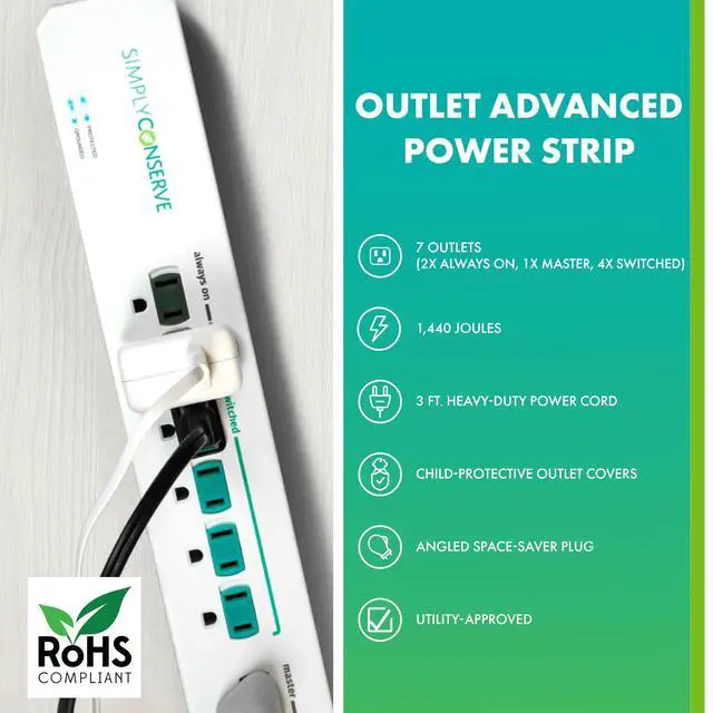 Alt view image 4 of 7 - Advanced Power Strip SC73T1, Surge Protector with Multiple Outlets, White Extension Cord for Electronics, Energy Saver Device with Child Protective Covers