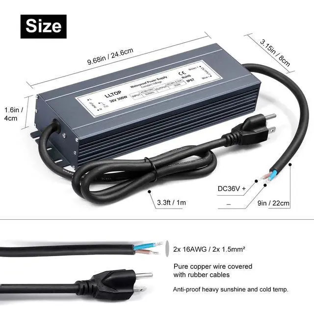 Alt view image 3 of 6 - 36V DC Power Supply Waterproof IP67 Transformer 300W 8.33A | AC100-130V Input, Aluminum Case, Constant Voltage Converter, Outdoor Transformer for LED Lights, For Pump Humidifier