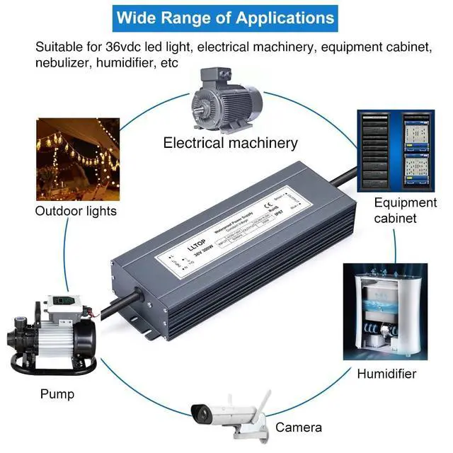 Alt view image 4 of 6 - 36V DC Power Supply Waterproof IP67 Transformer 300W 8.33A | AC100-130V Input, Aluminum Case, Constant Voltage Converter, Outdoor Transformer for LED Lights, For Pump Humidifier