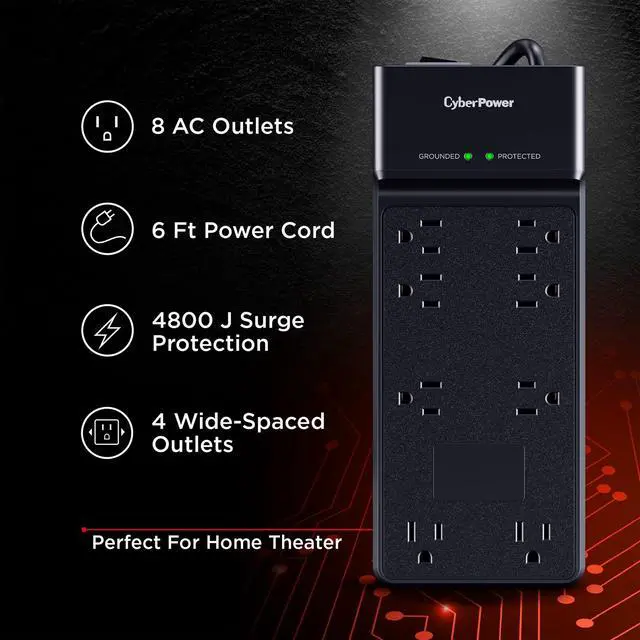 Alt view image 3 of 7 - CSB806R1 Essential Surge Protector | 4800J, 125V, 15A, 8 Outlets, 6 Foot Power Cord, Black, ETL Listed