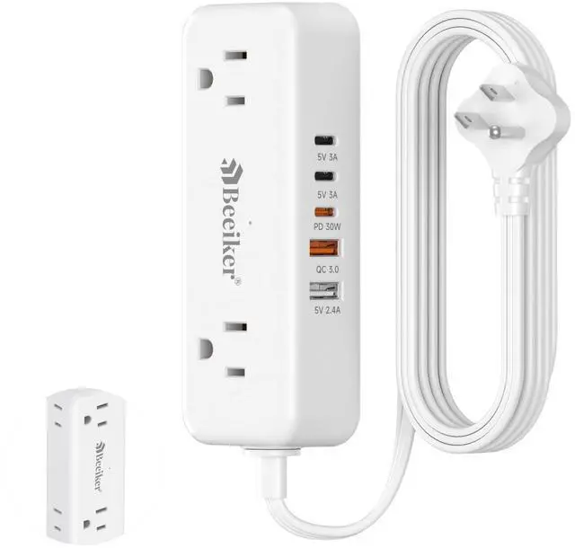 Main image of 30W 3 USB C Travel Power Strip with 4 AC Outlets 5Ft Extension Cord | PD30W,Travel,5 USB,3 USB C,QC3.0,4 Outlets,Compact,mini,Flat Plug,Small 5ft Extension Cord,Cruise,College Dorm Office,White