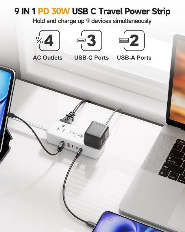 Alt view image 4 of 7 - 30W 3 USB C Travel Power Strip with 4 AC Outlets 5Ft Extension Cord | PD30W,Travel,5 USB,3 USB C,QC3.0,4 Outlets,Compact,mini,Flat Plug,Small 5ft Extension Cord,Cruise,College Dorm Office,White