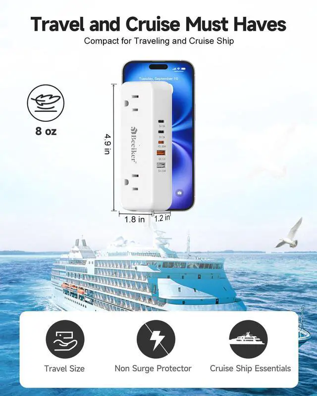 Alt view image 5 of 7 - 30W 3 USB C Travel Power Strip with 4 AC Outlets 5Ft Extension Cord | PD30W,Travel,5 USB,3 USB C,QC3.0,4 Outlets,Compact,mini,Flat Plug,Small 5ft Extension Cord,Cruise,College Dorm Office,White