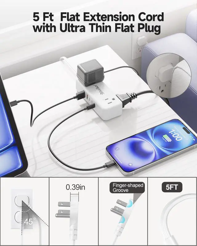 Alt view image 6 of 7 - 30W 3 USB C Travel Power Strip with 4 AC Outlets 5Ft Extension Cord | PD30W,Travel,5 USB,3 USB C,QC3.0,4 Outlets,Compact,mini,Flat Plug,Small 5ft Extension Cord,Cruise,College Dorm Office,White