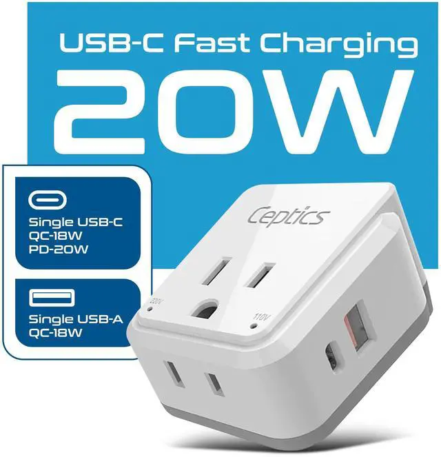 Alt view image 2 of 7 - World Power Plug Adapter Set, Dual USB & USB-C 3.1A, 20W with QC-PD, 2 USA Outlet Compact & Powerful, Use In Europe, Asia, Australia, Japan, Includes Type A, B, C, E/F, G, I SWadAPt Attachment