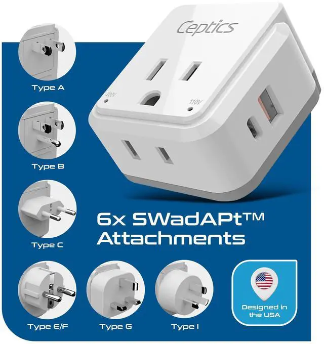 Alt view image 3 of 7 - World Power Plug Adapter Set, Dual USB & USB-C 3.1A, 20W with QC-PD, 2 USA Outlet Compact & Powerful, Use In Europe, Asia, Australia, Japan, Includes Type A, B, C, E/F, G, I SWadAPt Attachment