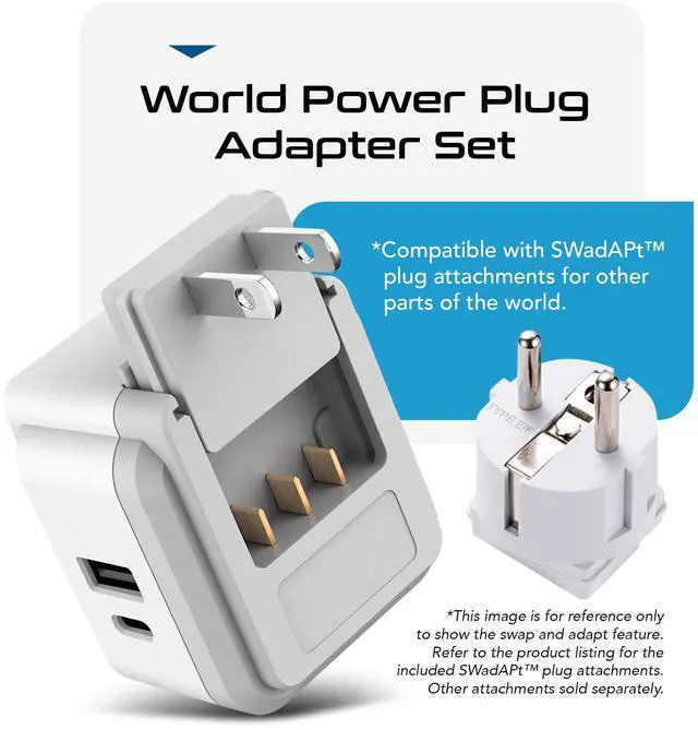 Alt view image 6 of 7 - World Power Plug Adapter Set, Dual USB & USB-C 3.1A, 20W with QC-PD, 2 USA Outlet Compact & Powerful, Use In Europe, Asia, Australia, Japan, Includes Type A, B, C, E/F, G, I SWadAPt Attachment