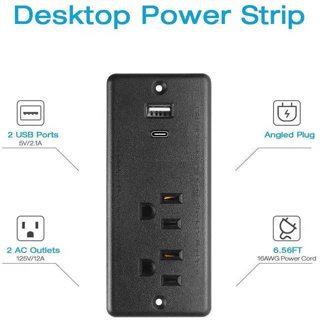 Alt view image 2 of 7 - Furniture Recessed Power Strip, 20W USB C Ports, Black, 6FT | Hidden Charger Station, Flush Mount, 45°Flat Plug, Plug Extender, Conference Socket, for Desk, Bedside, ETL Listed