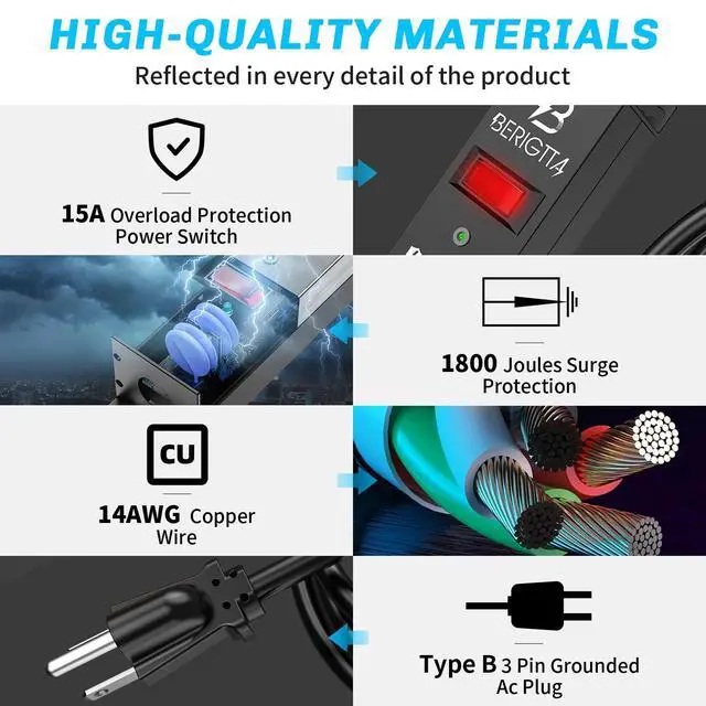 Alt view image 5 of 7 - 16 Outlet Surge Protector Metal Power Strip, 1800J Mountable Power Outlet, Heavy Duty Workshop Metal Power Strip for Commercial, Industrial, School and Home,15A 125V 1875W (6FT)