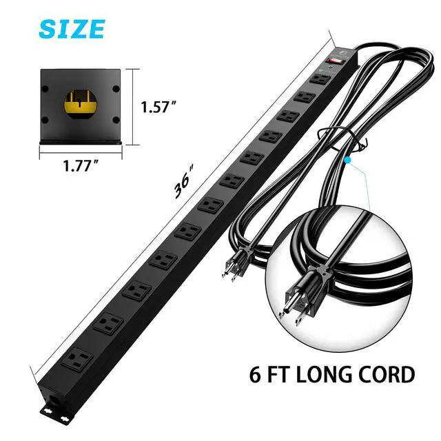 Alt view image 6 of 7 - 16 Outlet Surge Protector Metal Power Strip, 1800J Mountable Power Outlet, Heavy Duty Workshop Metal Power Strip for Commercial, Industrial, School and Home,15A 125V 1875W (6FT)