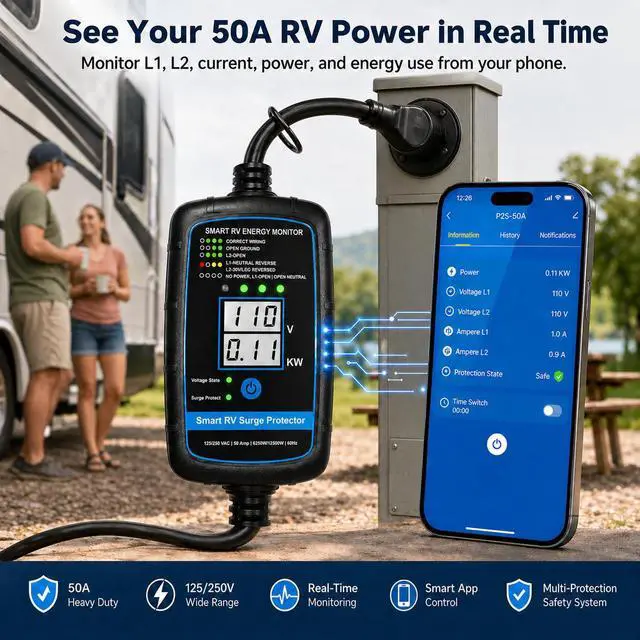 Alt view image 2 of 7 - Bluetooth Smart RV Surge Protector 50Amp EPO | KWH Meter|Rv Surge Protector Circuit Analyzer App Control, Auto-Reconnection, Built-in Buzzer, Replaceable Module UL Listed (RV Surge-Bluetooth -50A)