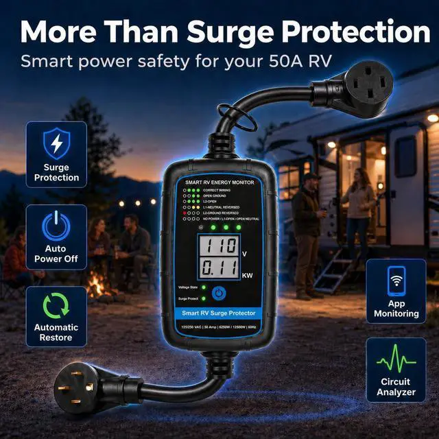 Alt view image 3 of 7 - Bluetooth Smart RV Surge Protector 50Amp EPO | KWH Meter|Rv Surge Protector Circuit Analyzer App Control, Auto-Reconnection, Built-in Buzzer, Replaceable Module UL Listed (RV Surge-Bluetooth -50A)
