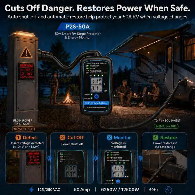 Alt view image 5 of 7 - Bluetooth Smart RV Surge Protector 50Amp EPO | KWH Meter|Rv Surge Protector Circuit Analyzer App Control, Auto-Reconnection, Built-in Buzzer, Replaceable Module UL Listed (RV Surge-Bluetooth -50A)