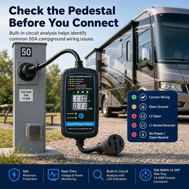 Alt view image 6 of 7 - Bluetooth Smart RV Surge Protector 50Amp EPO | KWH Meter|Rv Surge Protector Circuit Analyzer App Control, Auto-Reconnection, Built-in Buzzer, Replaceable Module UL Listed (RV Surge-Bluetooth -50A)