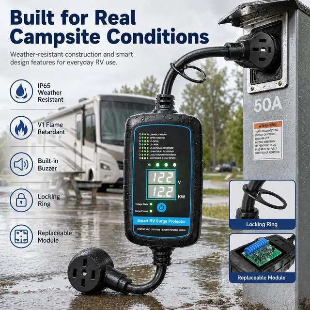 Alt view image 7 of 7 - Bluetooth Smart RV Surge Protector 50Amp EPO | KWH Meter|Rv Surge Protector Circuit Analyzer App Control, Auto-Reconnection, Built-in Buzzer, Replaceable Module UL Listed (RV Surge-Bluetooth -50A)