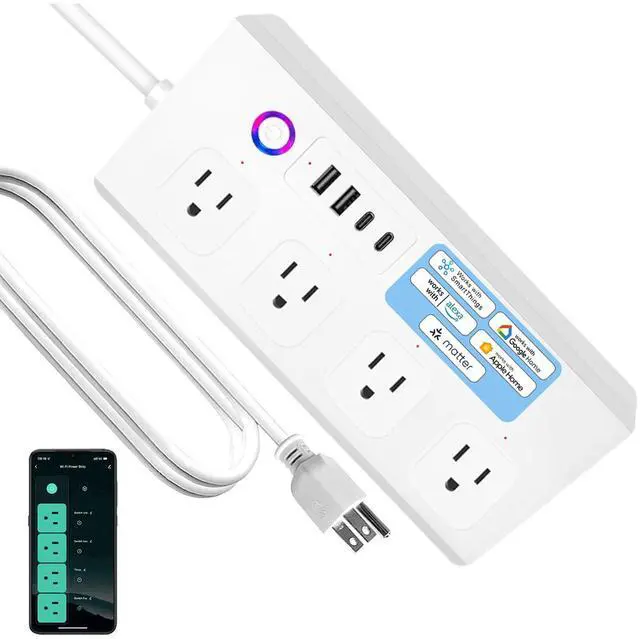Main image of Matter Smart Power Strip,Works with Apple HomeKit, Siri, Alexa, Google Assistant, with 4 Individually Controlled AC Outlets, Multi-Plug Extender for Home Office (Matter Upgrade -White)