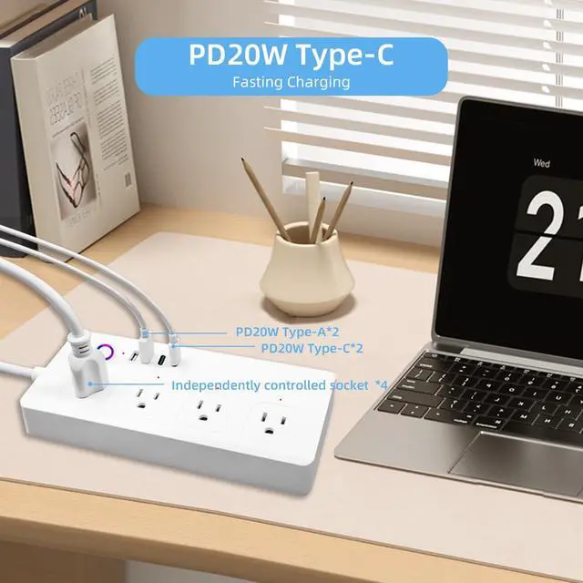 Alt view image 7 of 7 - Matter Smart Power Strip,Works with Apple HomeKit, Siri, Alexa, Google Assistant, with 4 Individually Controlled AC Outlets, Multi-Plug Extender for Home Office (Matter Upgrade -White)