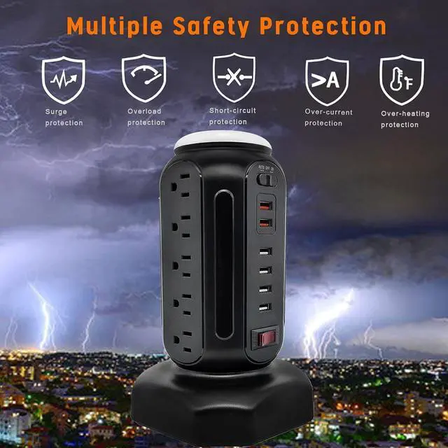 Alt view image 3 of 6 - Power Strip Tower 15 Outlets 6 USB Ports, Surge Protector with Colorful Led Light & USB Fast Charge,Desktop Charging Station with 6.5ft Heavy Duty Extension Cord for Home Office(Black)