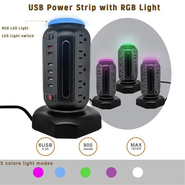 Alt view image 5 of 6 - Power Strip Tower 15 Outlets 6 USB Ports, Surge Protector with Colorful Led Light & USB Fast Charge,Desktop Charging Station with 6.5ft Heavy Duty Extension Cord for Home Office(Black)
