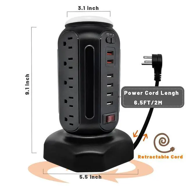 Alt view image 6 of 6 - Power Strip Tower 15 Outlets 6 USB Ports, Surge Protector with Colorful Led Light & USB Fast Charge,Desktop Charging Station with 6.5ft Heavy Duty Extension Cord for Home Office(Black)