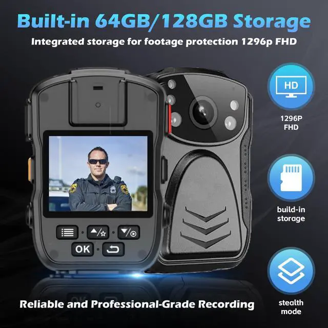 Alt view image 6 of 7 - PatrolMaster 1296P UHD Body Camera with Audio, 2 Inch Display, Night Vision, Waterproof, Shockproof, Body Worn with Compact Design, Police Use (64GB)