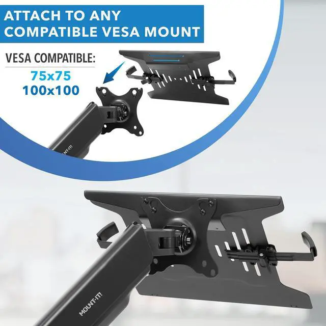 Alt view image 5 of 7 - Laptop Tray for Monitor Arm, VESA Laptop Mount Tray for 75x75 & 100x100 Monitor Arms, Ventilated Steel Notebook Holder with Adjustable Clips, Fits Laptops up to 16.5" Wide