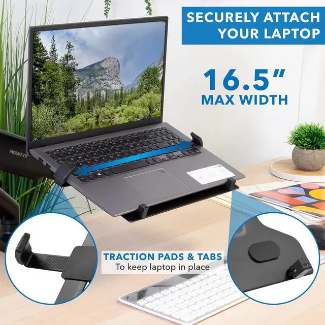 Alt view image 6 of 7 - Laptop Tray for Monitor Arm, VESA Laptop Mount Tray for 75x75 & 100x100 Monitor Arms, Ventilated Steel Notebook Holder with Adjustable Clips, Fits Laptops up to 16.5" Wide