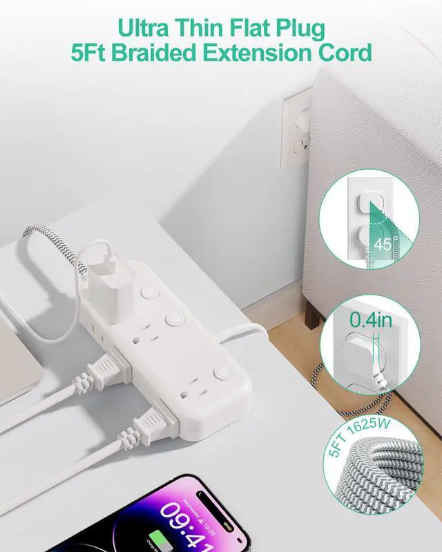 Alt view image 5 of 7 - Individual Switch Power Strip Surge Protector,6 Outlets 3 USB,5Ft Cord | Individual Switch,17W USB C,Braided Extension Cord,Thin Flat Plug,13A Wall Mount,Circuit Breaker,For Travel Home Office Dorm