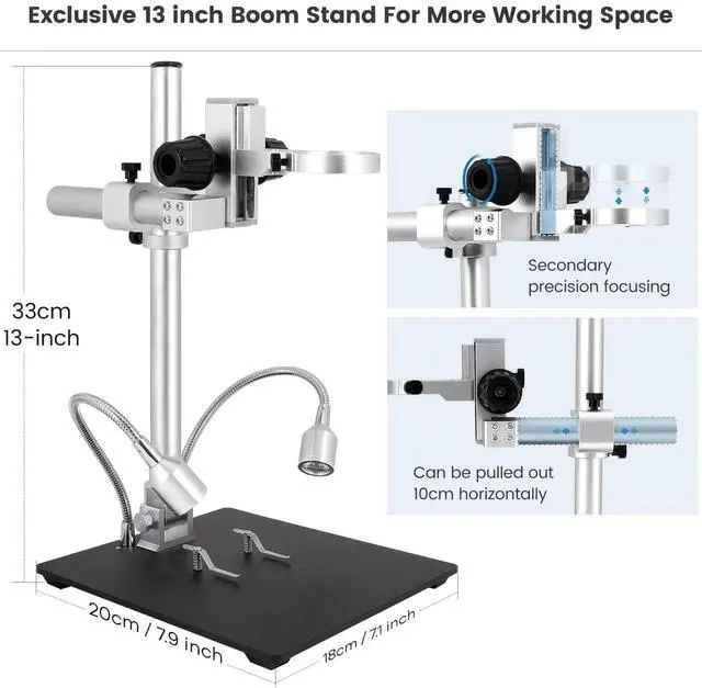 Alt view image 3 of 7 - LM246MS 3 Lens 7 inch HDMI Digital Microscope for Soldering, 13'' Boom Arm Stand, UHD 2160P Video 2000X, Adults USB Coin Microscope Full View of Coins, PC View, 32G SD Card
