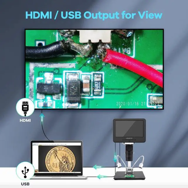 Alt view image 4 of 7 - LM246MS 3 Lens 7 inch HDMI Digital Microscope for Soldering, 13'' Boom Arm Stand, UHD 2160P Video 2000X, Adults USB Coin Microscope Full View of Coins, PC View, 32G SD Card