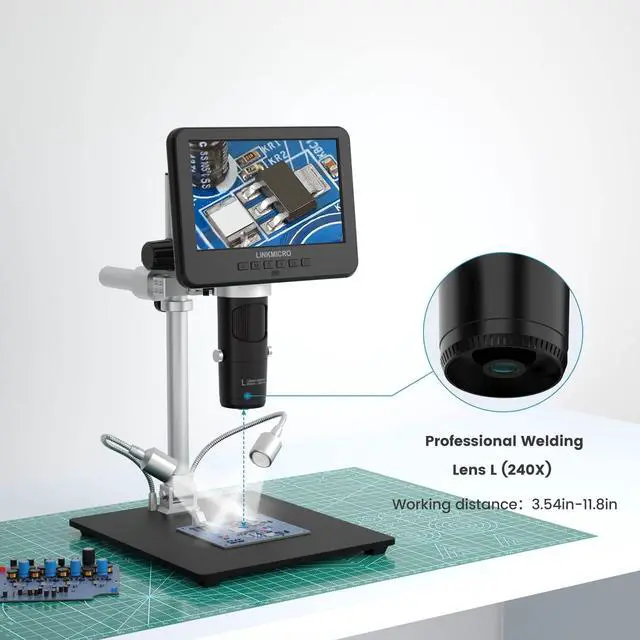 Alt view image 5 of 7 - LM246MS 3 Lens 7 inch HDMI Digital Microscope for Soldering, 13'' Boom Arm Stand, UHD 2160P Video 2000X, Adults USB Coin Microscope Full View of Coins, PC View, 32G SD Card