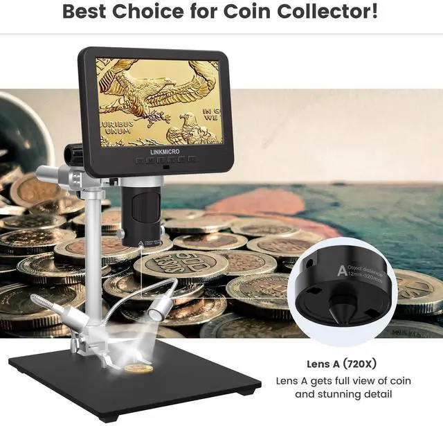 Alt view image 6 of 7 - LM246MS 3 Lens 7 inch HDMI Digital Microscope for Soldering, 13'' Boom Arm Stand, UHD 2160P Video 2000X, Adults USB Coin Microscope Full View of Coins, PC View, 32G SD Card