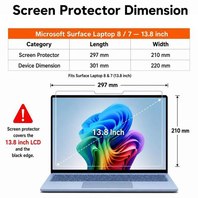 Alt view image 3 of 7 - ArmorShield Screen Protector for Surface Laptop 8/ Laptop 7 13.8" | 9H Tempered Glass Protective Film, Scratch Resistant, Reinforced Protection, Anti-Fingerprint, 2 Pack