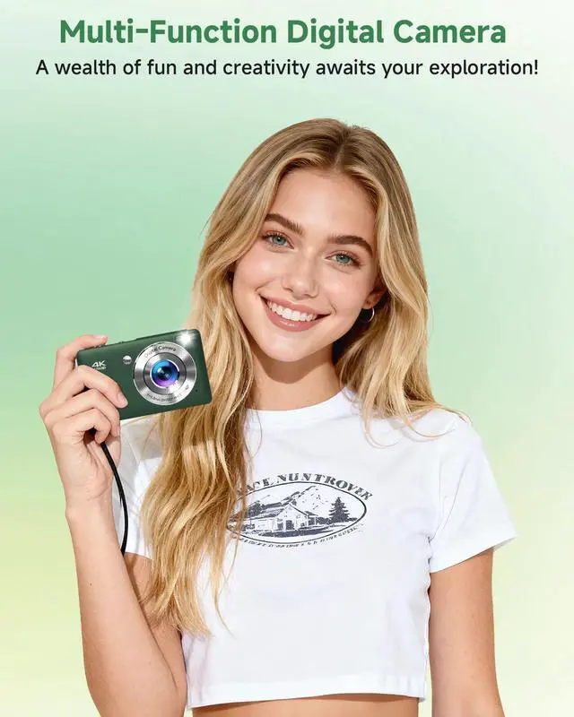 Alt view image 4 of 7 - Digital Camera, 44MP FHD 1080P Digital Point and Shoot Camera with Anti Shake, Smile Capture 16X Zoom, Compact Small Camera for Teens Girls Kids Adults(Green)