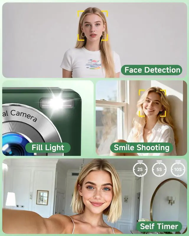 Alt view image 6 of 7 - Digital Camera, 44MP FHD 1080P Digital Point and Shoot Camera with Anti Shake, Smile Capture 16X Zoom, Compact Small Camera for Teens Girls Kids Adults(Green)