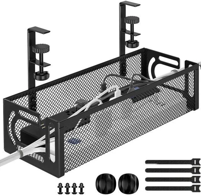 Main image of Under Desk Cable Management Tray, 15.7'' No Drill Steel Desk Cable Organizers, Wire Management Tray Cable Management Rack (1 Pack-Black)