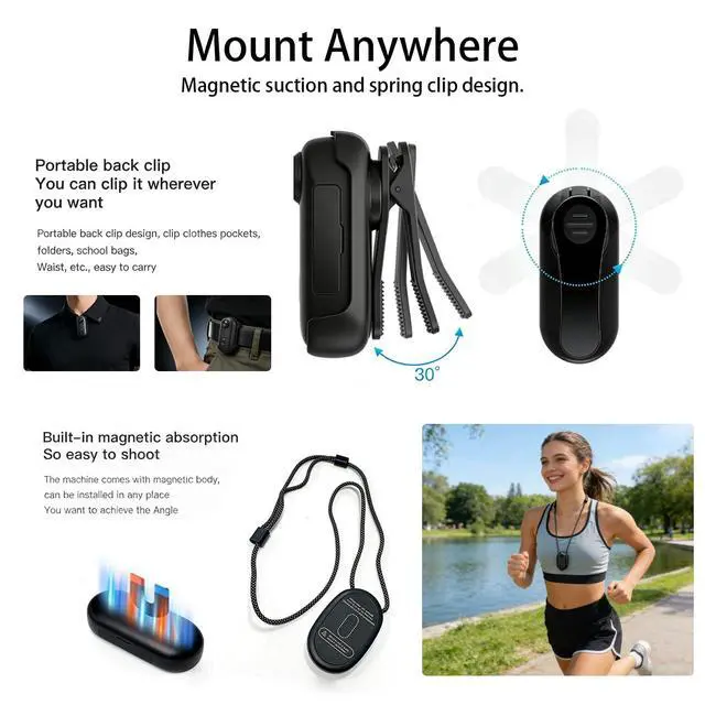 Alt view image 7 of 7 - 1080P Mini Body Camera 128GB, Wearable Motorcycle Camera WiFi POV | 150° Wide Angle, WiFi App Live View, Waterproof Case 131ft, Magnetic Lanyard, Rotating Clip, 64GB Card for Pet Daily Use