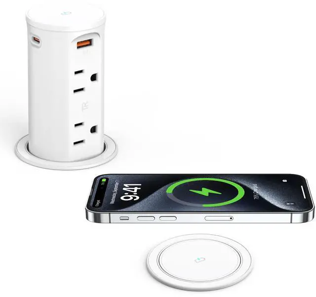 Main image of Pop Up Outlet for Countertop with 15W Wireless Charging Pad,20W USB C,Recessed Power Strip 2.5-Inch Hole,Tamper Resistant Receptacle,4 USB,4 Outlets for Kitchen,Office Desk,ETL Listed (White)