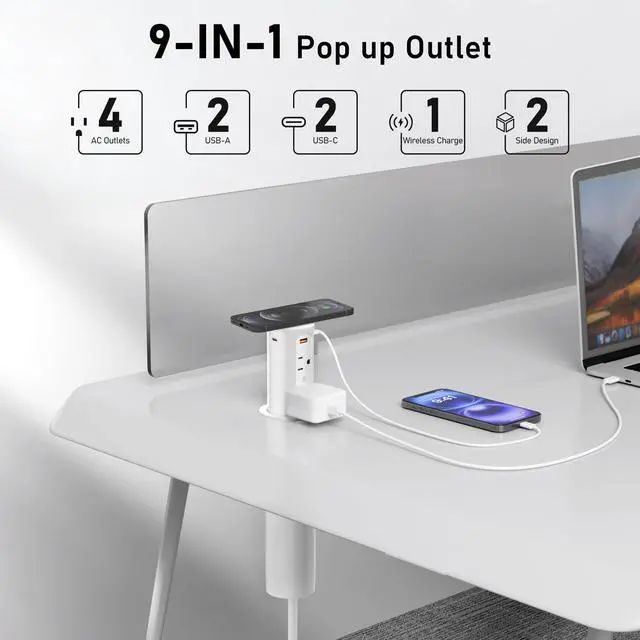 Alt view image 2 of 7 - Pop Up Outlet for Countertop with 15W Wireless Charging Pad,20W USB C,Recessed Power Strip 2.5-Inch Hole,Tamper Resistant Receptacle,4 USB,4 Outlets for Kitchen,Office Desk,ETL Listed (White)